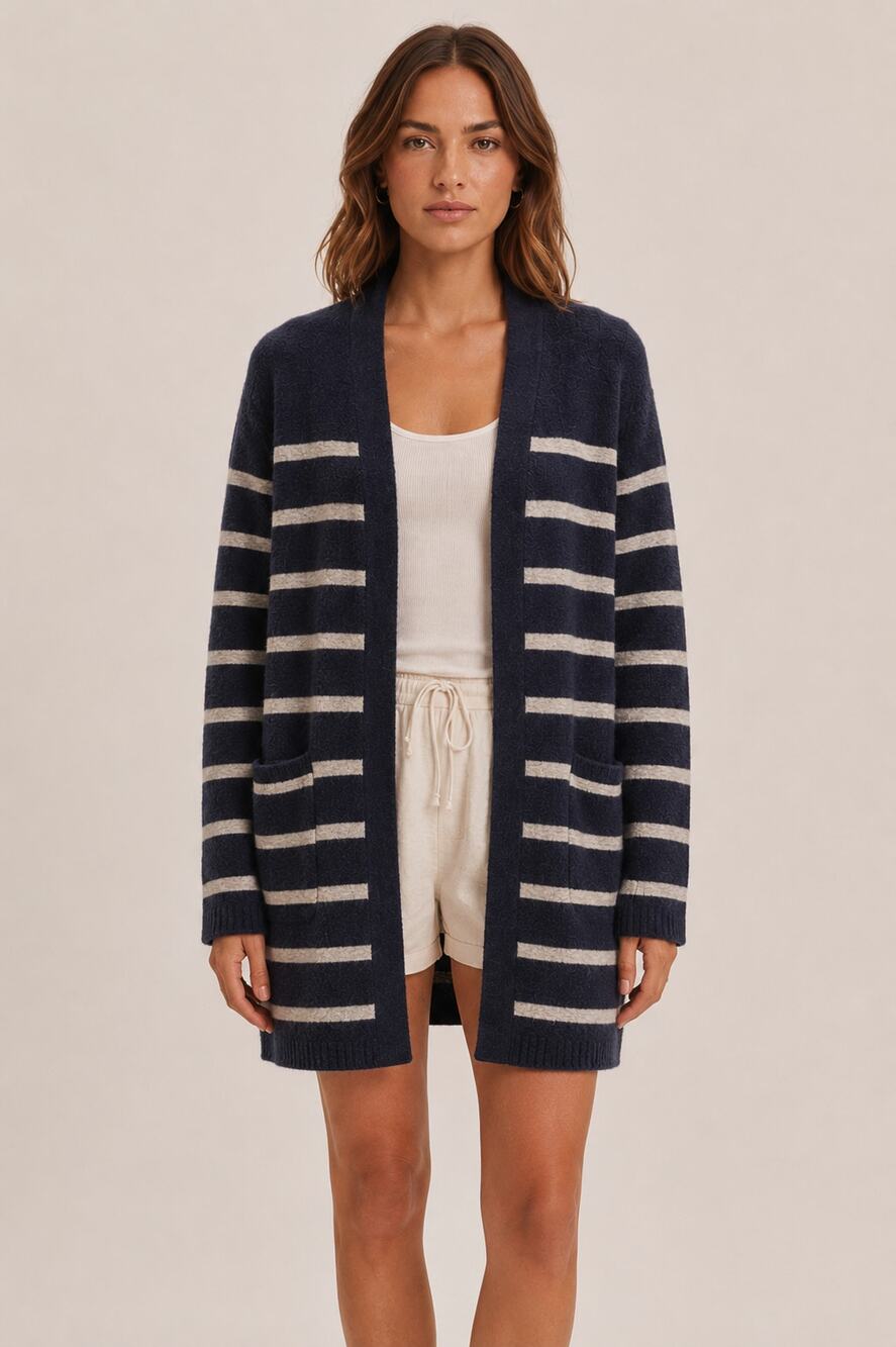 Jenni Kayne XS Striped Long Cardigan Sweater $575 Navy Blue Jacket Wool Yak